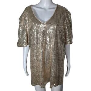 Lane Bryant Gold Sequin Short Sleeve Blouse 24 3X Scoop V-Neck Formal Glam Top